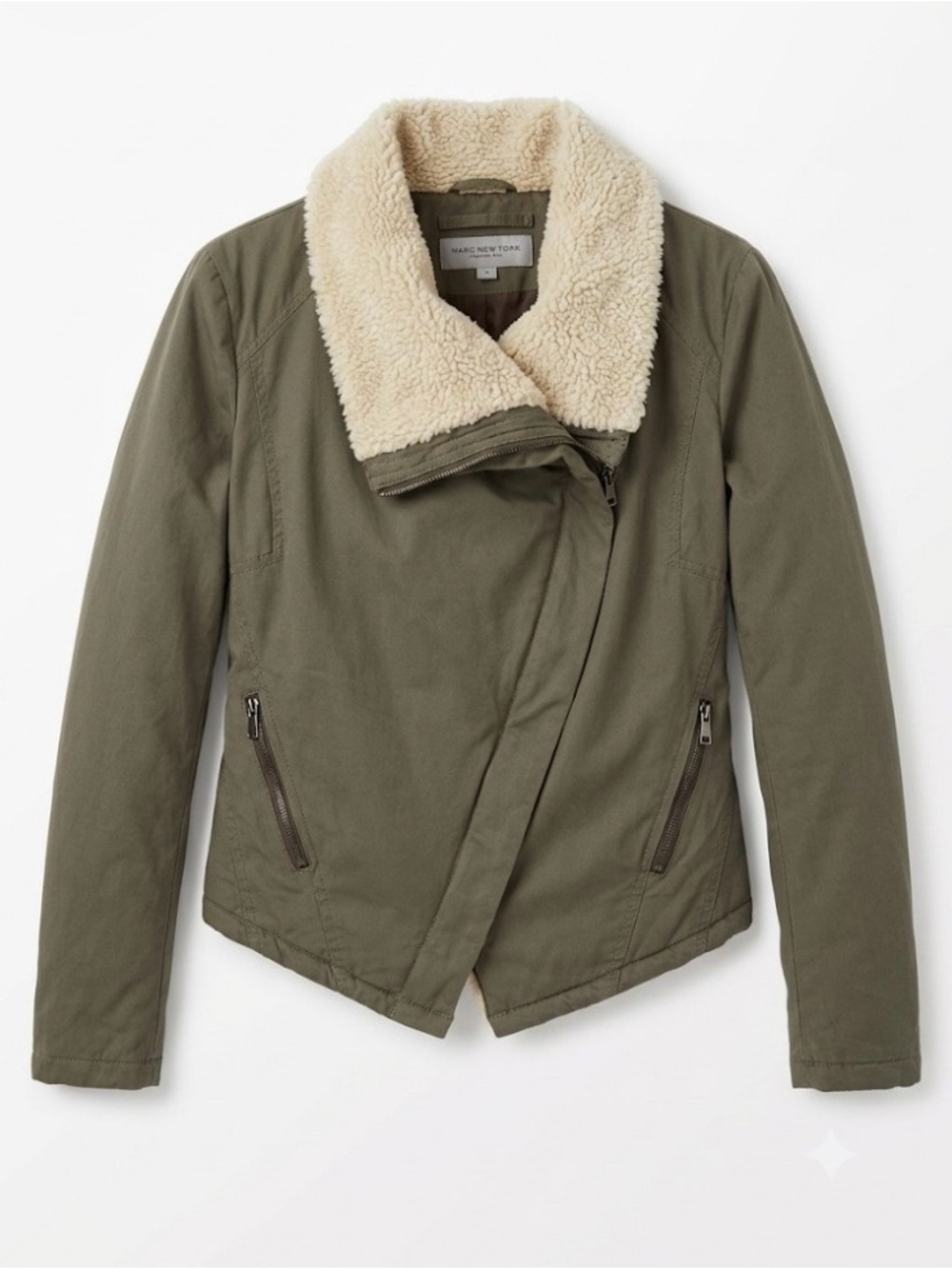 Marc New York Asymmetrical Moto Jacket Olive Green Sherpa Collar Women’s Medium